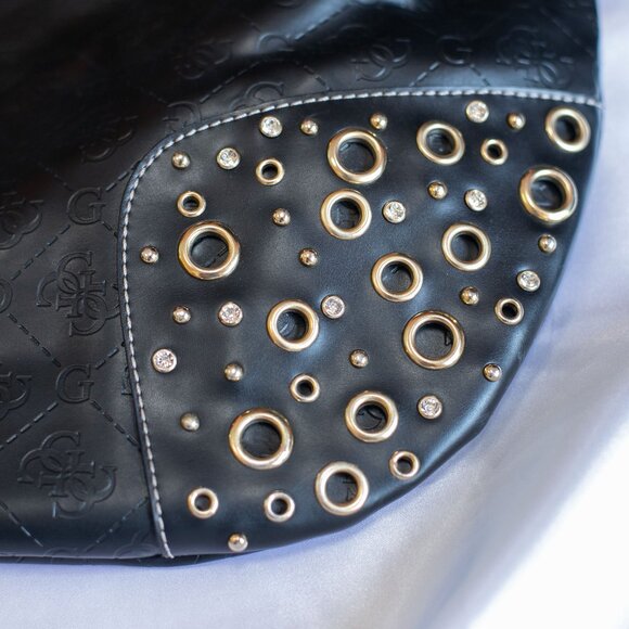 Guess Debossed G-Logo Rhinestone Handbag Faux Leather Satchel Vintage Black - Picture 8 of 9